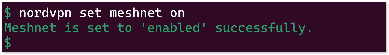 Displaying the 'nordvpn set meshnet on' command in the terminal.