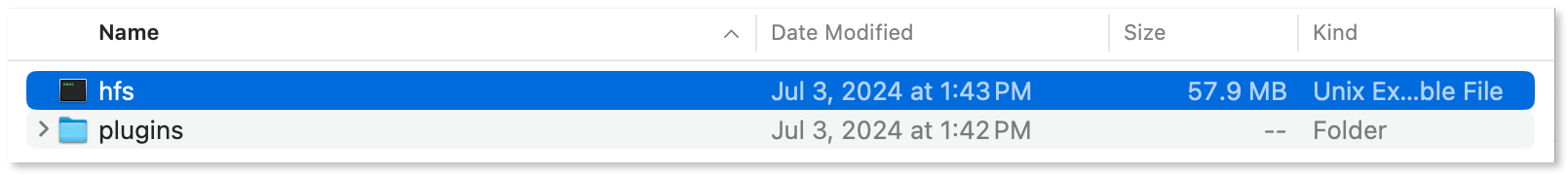 HFS executable file selected in Finder.