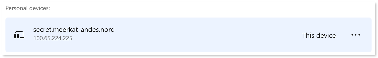 "This device" card under the Personal devices category, containing device's Nord name and Meshnet IP address.