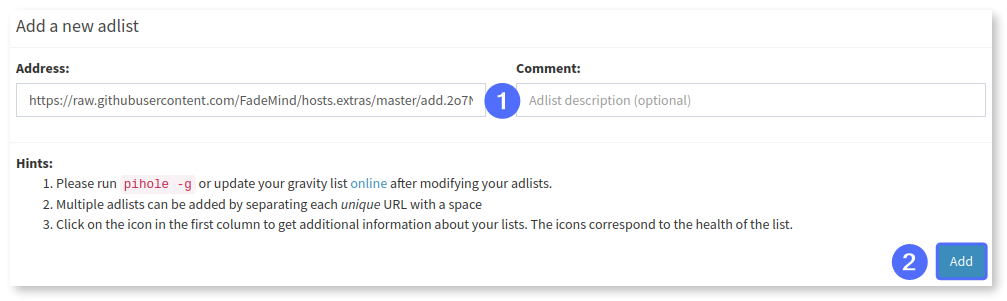 Blocklist URL entered in Pi-hole settings.
