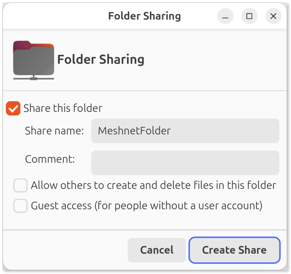 "Create share" buttong highlighted.