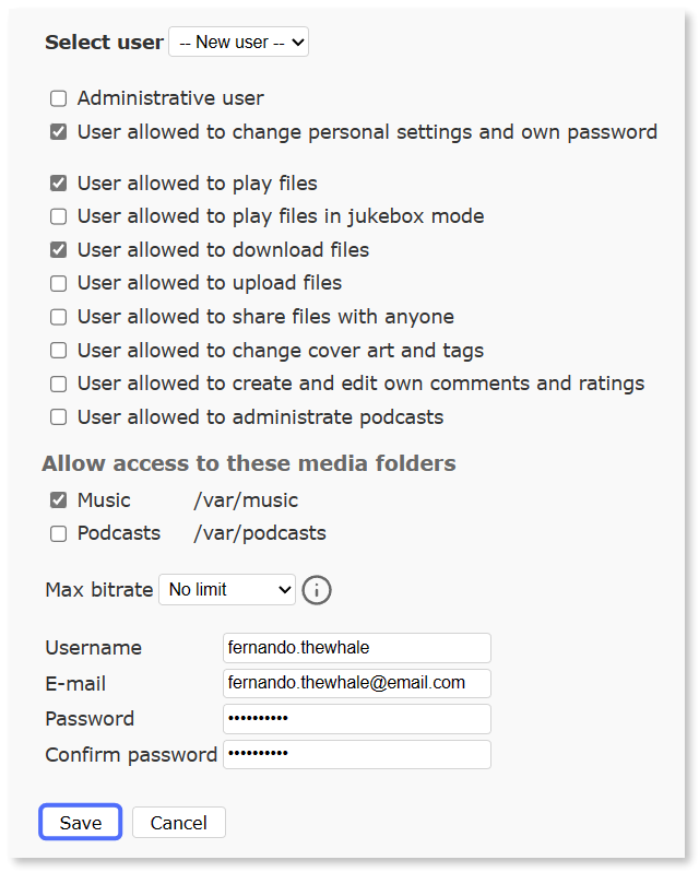 Clicking 'Save' on the filled in new user creation screen.