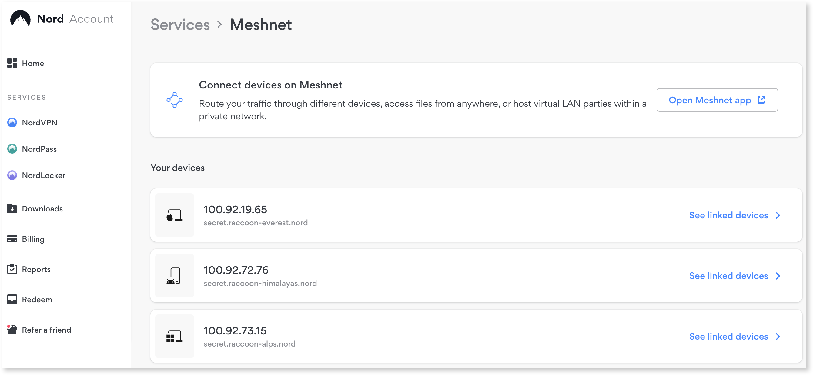 A list of linked devices is displayed at the Nord account dashboard in the Meshnet section