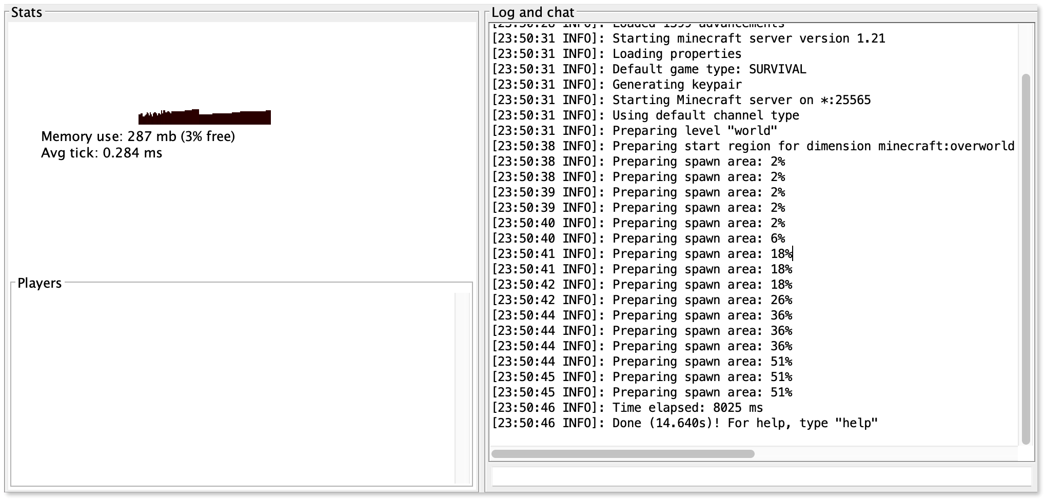 Minecraft server GUI showing the server log