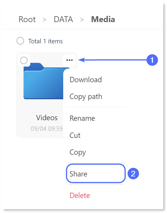 Arrow pointing to the three-dot menu button and the "Share" option is highlighted.
