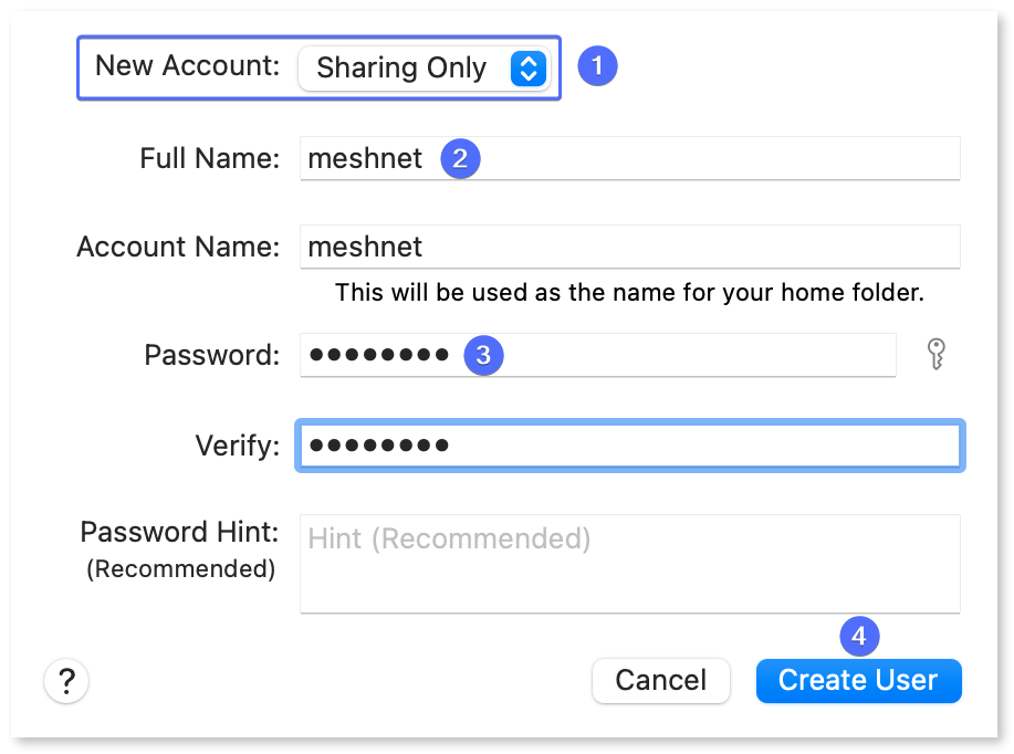 User account creation window