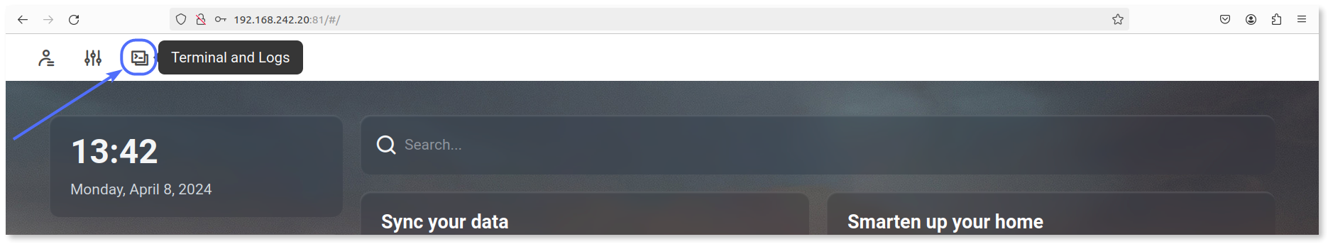 Arrow pointing to the "Terminal and logs" button on the CasaOS web interface.