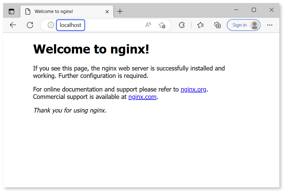NGINX landing page visible after visiting localhost on an internet browser.