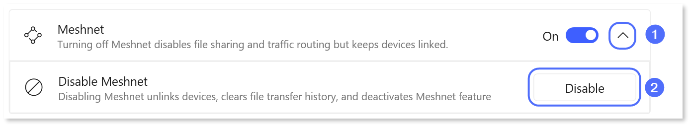 Dropdown arrow next to the Meshnet toggle and the "Disable" button highlighted.