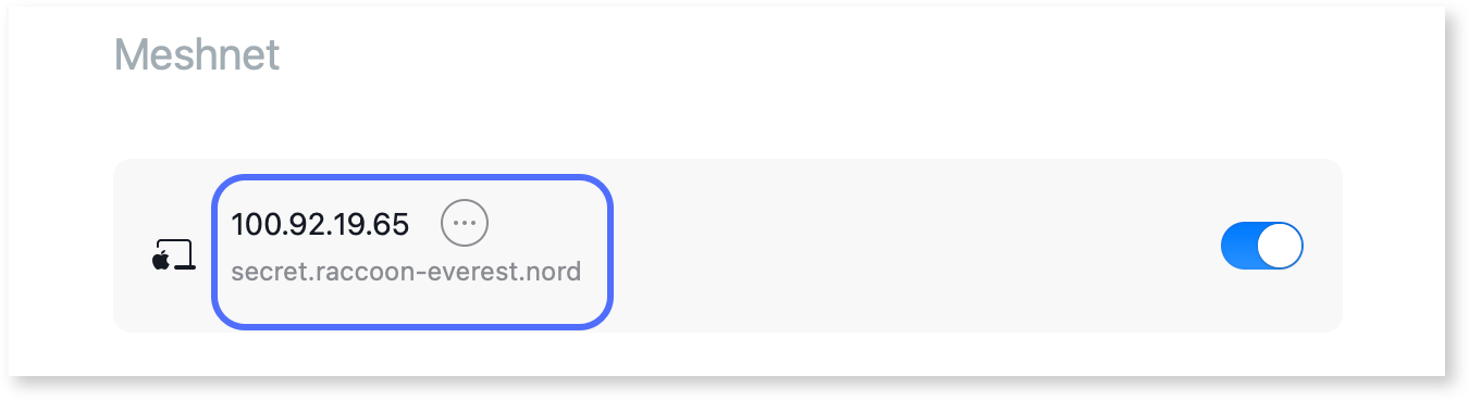 The Nord name and Meshnet address of the connected device is highlighted 
