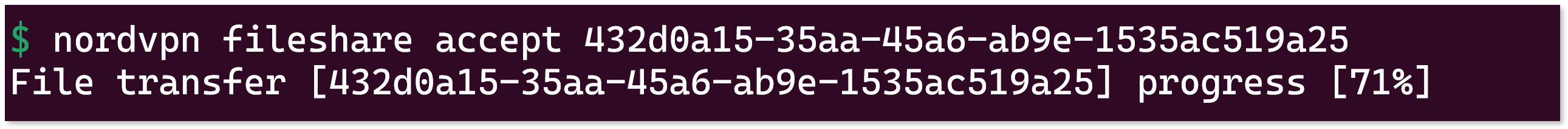 CLI showing the "nordvpn fileshare accept" command followed by the file transfer ID