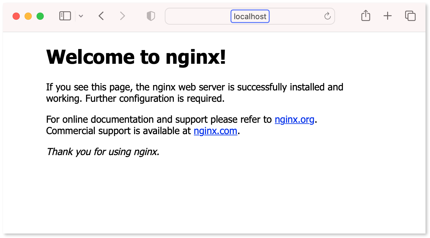 NGINX landing page visible after visiting localhost on an internet browser.