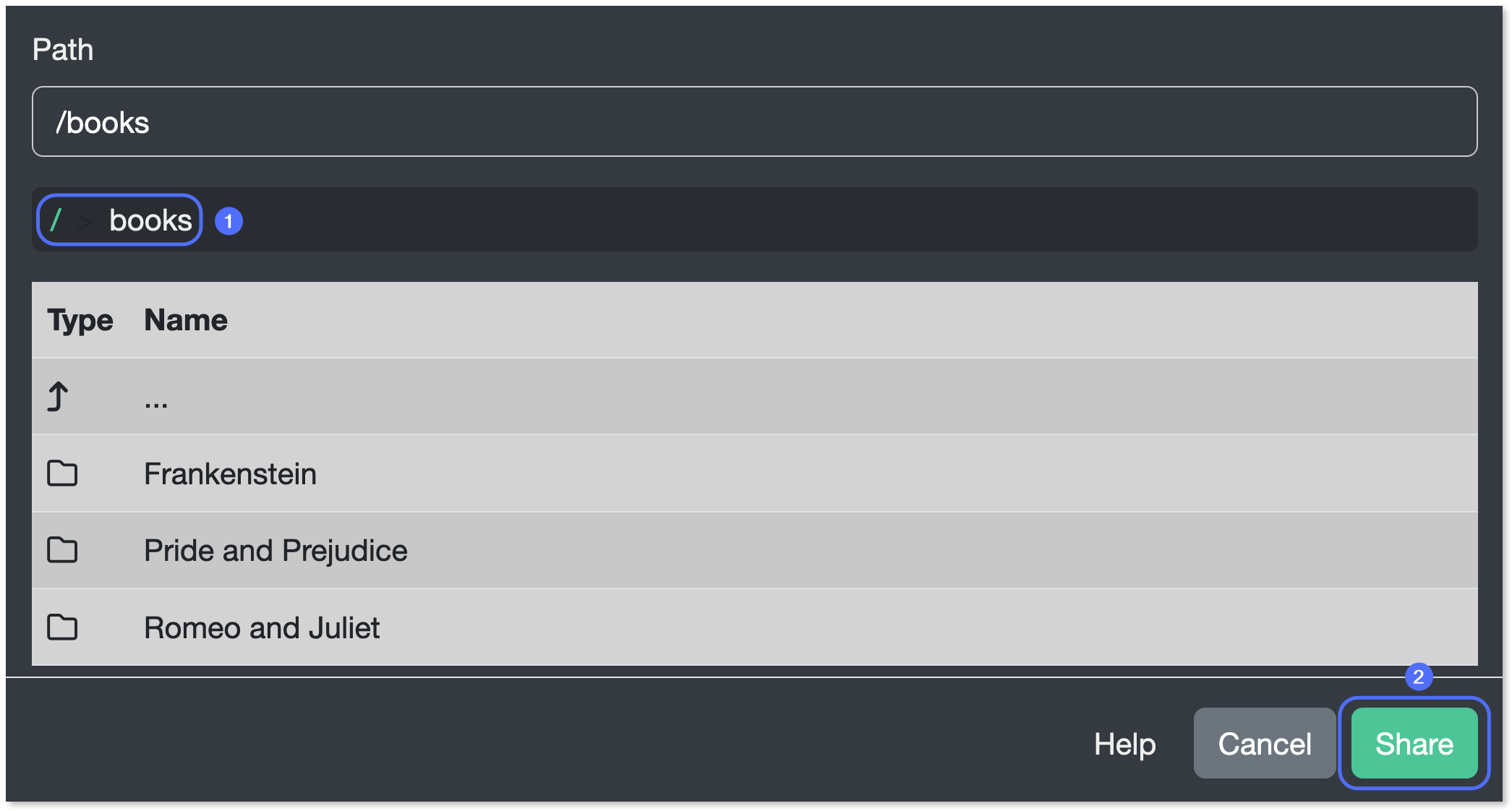 Path to the e-book folder and "Share" button highlighted.