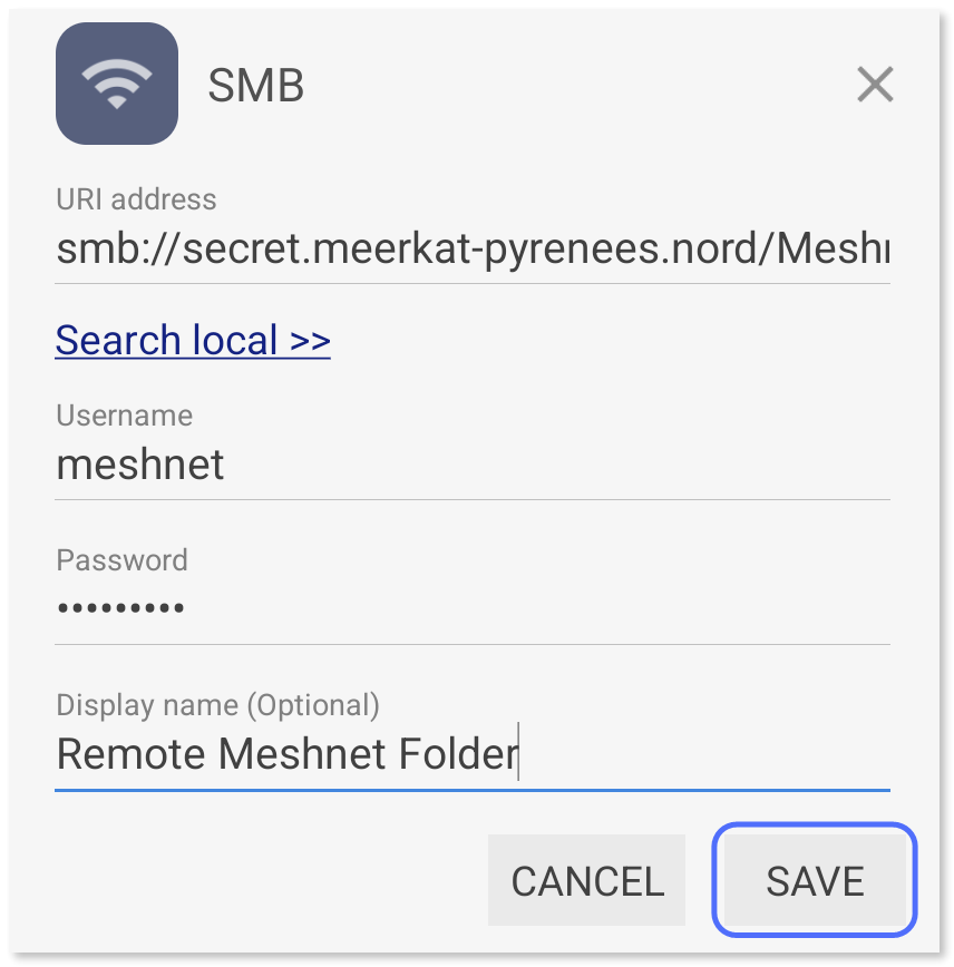 "Save" button highlighted in the filled in SMB dialog.