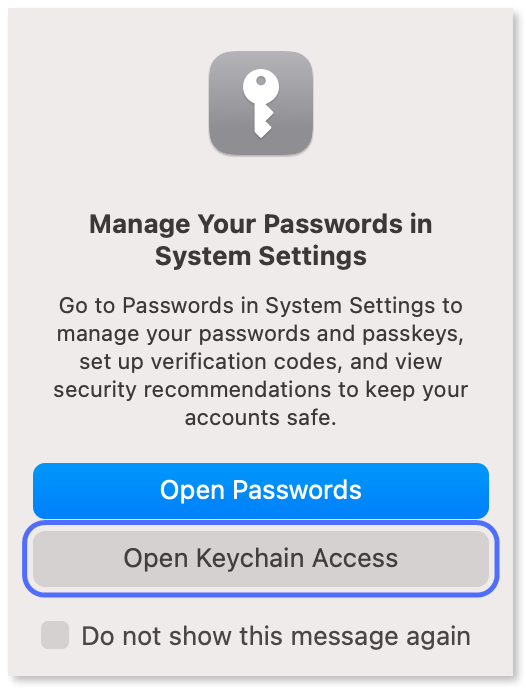 Clicking the "Open Keychain access" button.