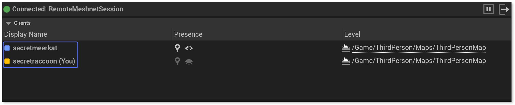 Two clients connected to the Multi-user editing session.