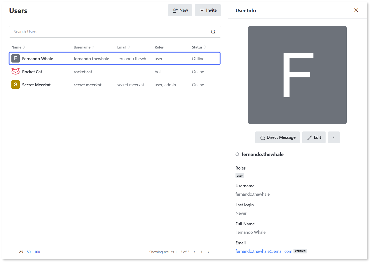 Information of the new user account on the 'Users' page.