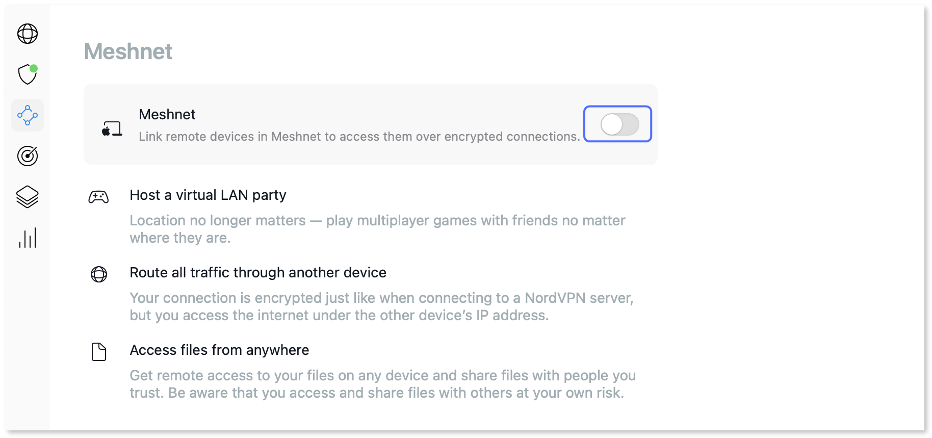 Turning on the Meshnet toggle