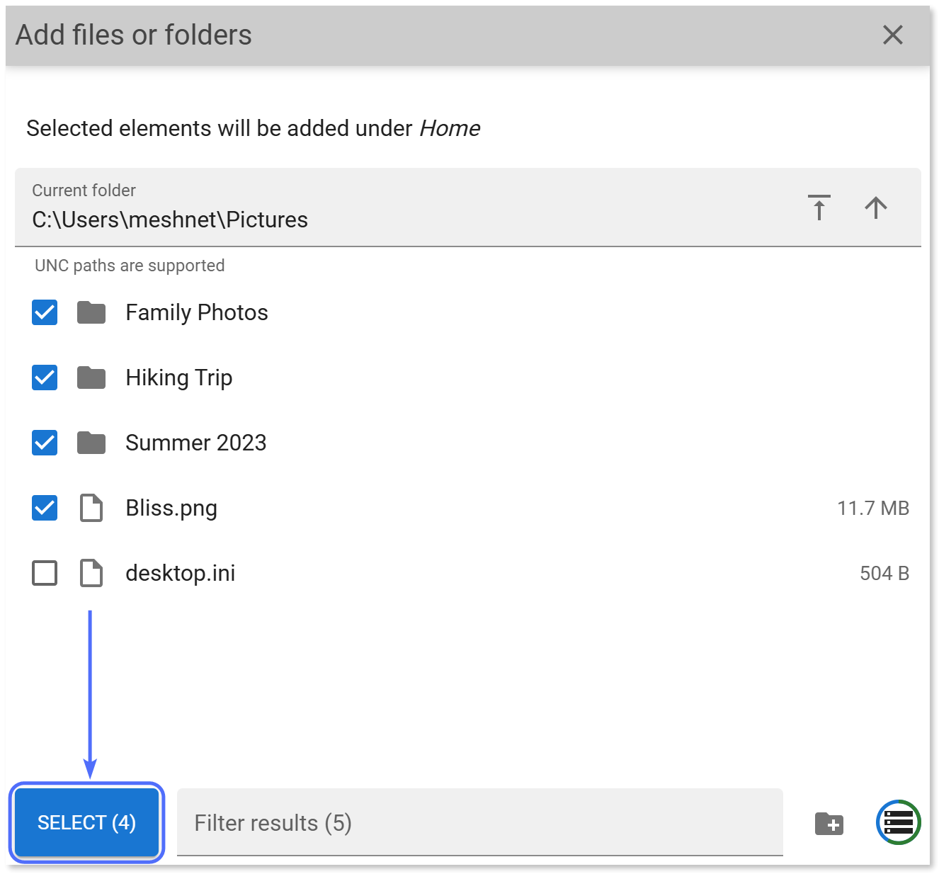 Selecting folders to be shared on the server.