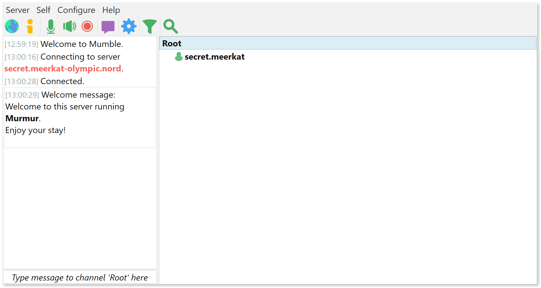 Three clients connected to the Mumble server.