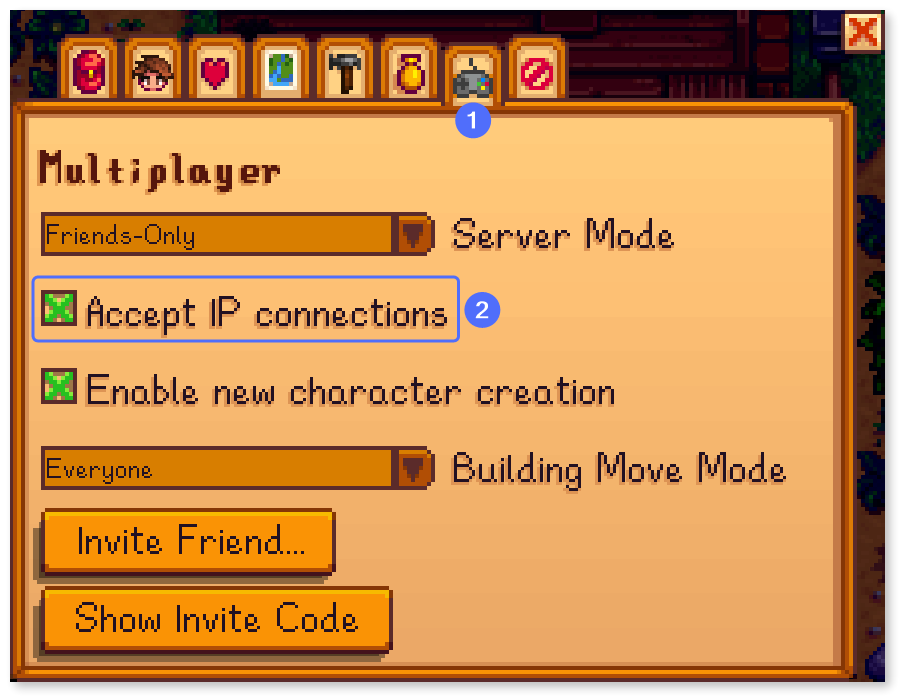 "Accept IP connections" option highlighted.