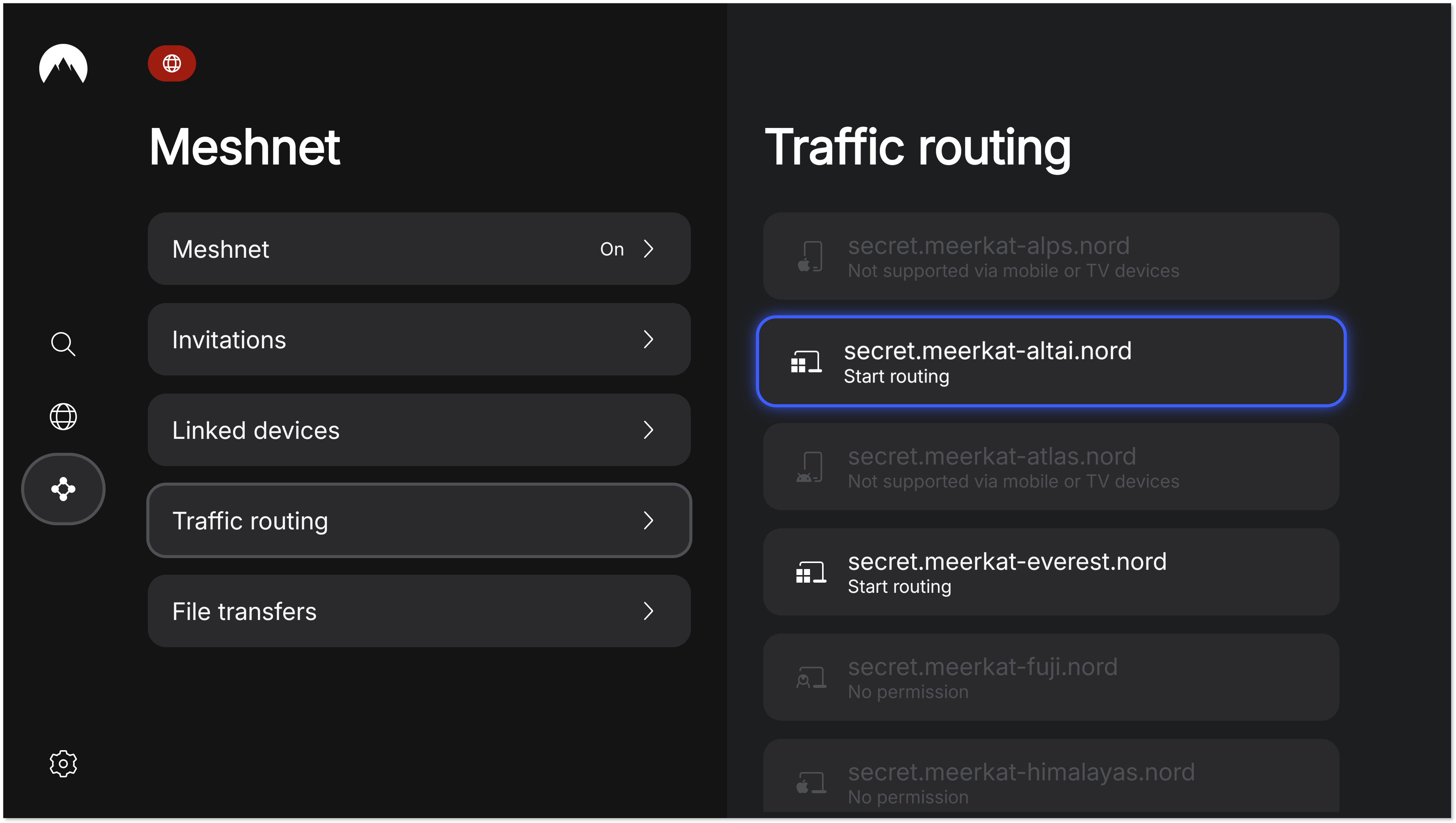 Peer device selected under the Traffic routing section.