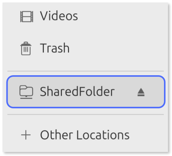 The mounted shared folder highlighted in the "Files" app.