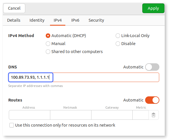 dnsmasq Meshnet IP and alternate DNS address entered in Linux network settings.