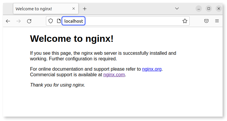 NGINX landing page visible after visiting localhost on an internet browser.