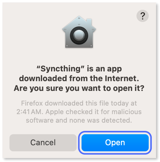 Clicking "Open" in the confirmation dialog.