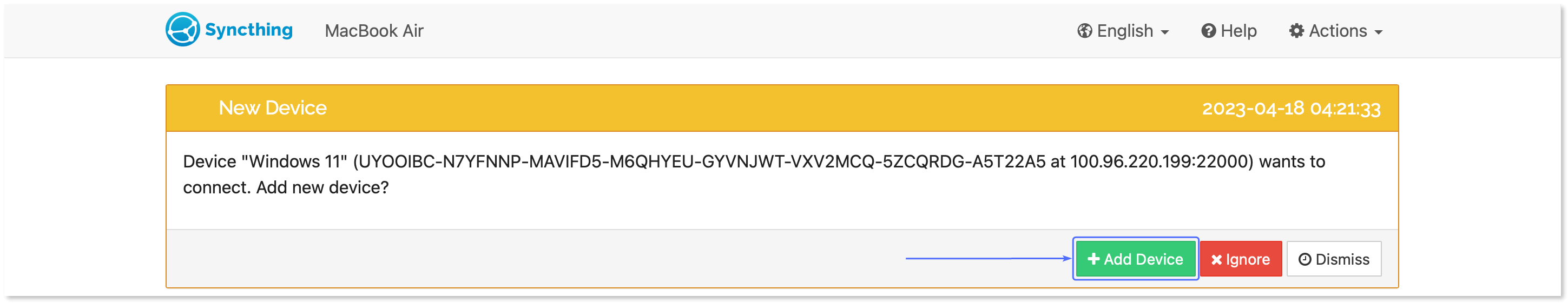 Clicking 'Add device' on the client device.