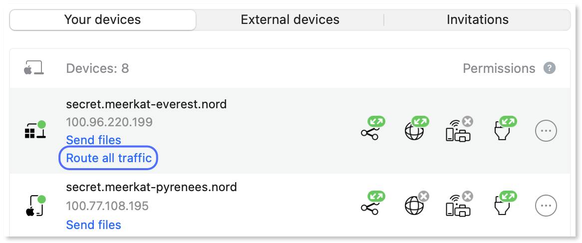 Clicking the "Route all traffic" button next to a peer device.