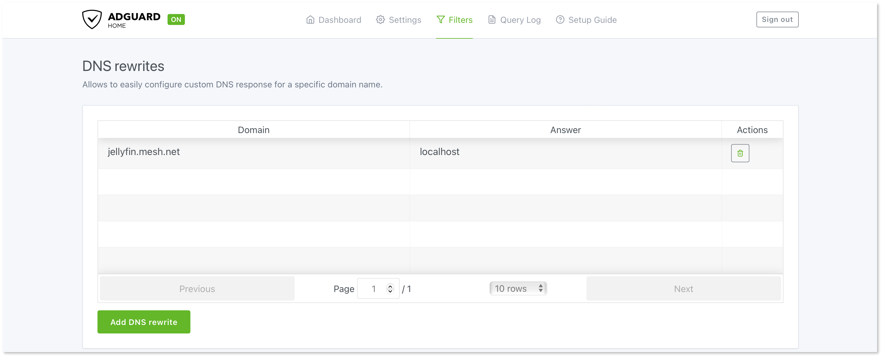 DNS rewrites table in the AdGuard Home web interface with the newly created rewrite.