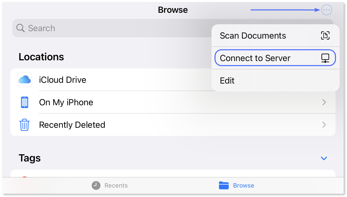 Arrow pointing the the More button and the "Connect to server" option is highlighted.