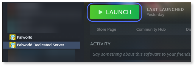 "Palworld dedicated server" selected and the "Launch" button highlighted.