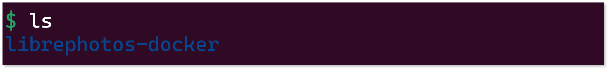 Terminal output of the "ls" command showing the librephotos-docker folder.