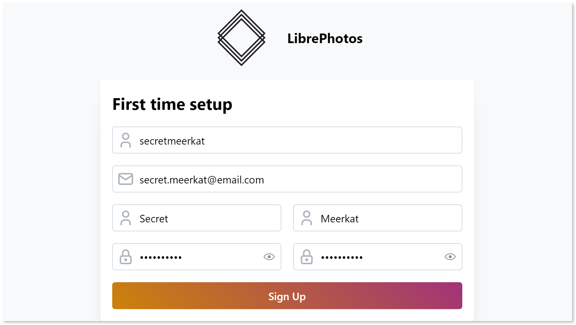 Filling in the account details on the LibrePhotos sign up page.