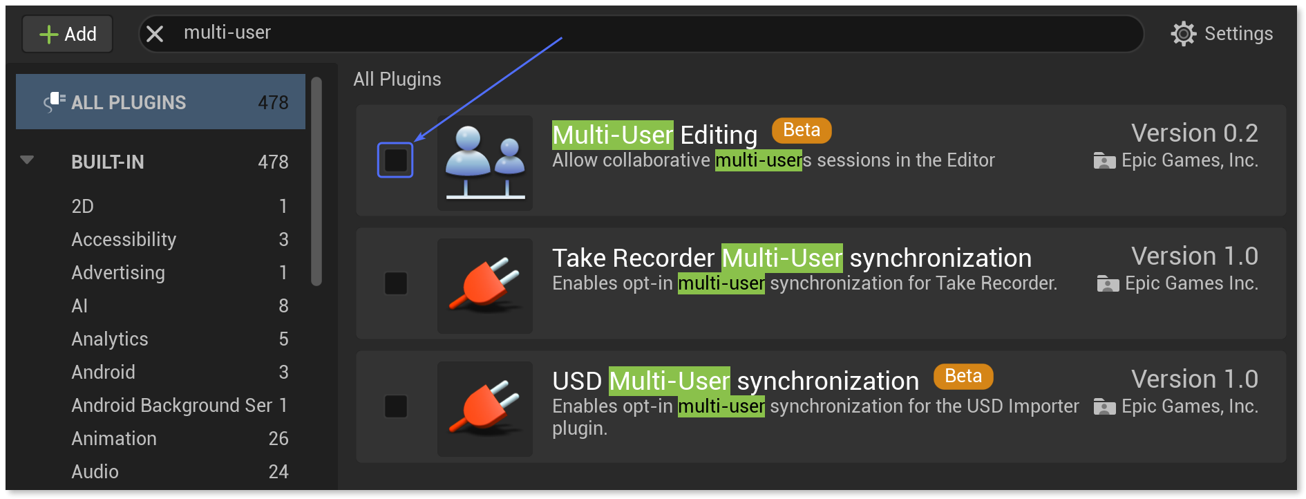Enabling the Multi-user editing plugin.