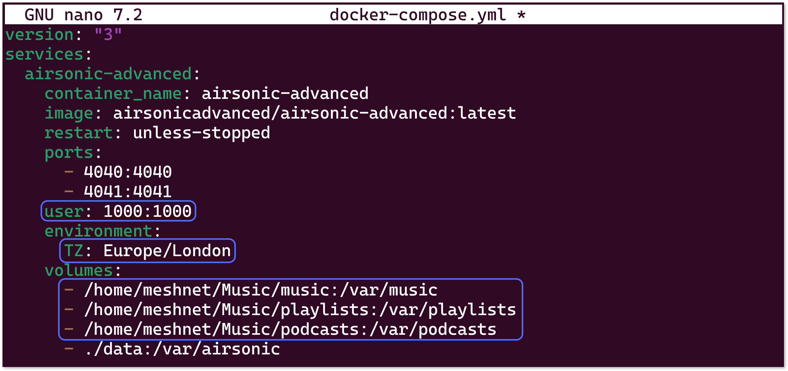 Example Docker Compose file for Airsonic on Linux.