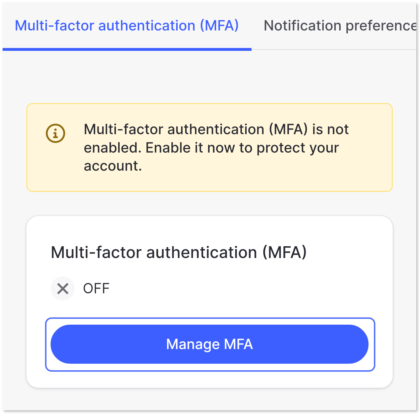 "Multi-factor authentication (MFA)" tab selected and the "Manage MFA" button highlighted.