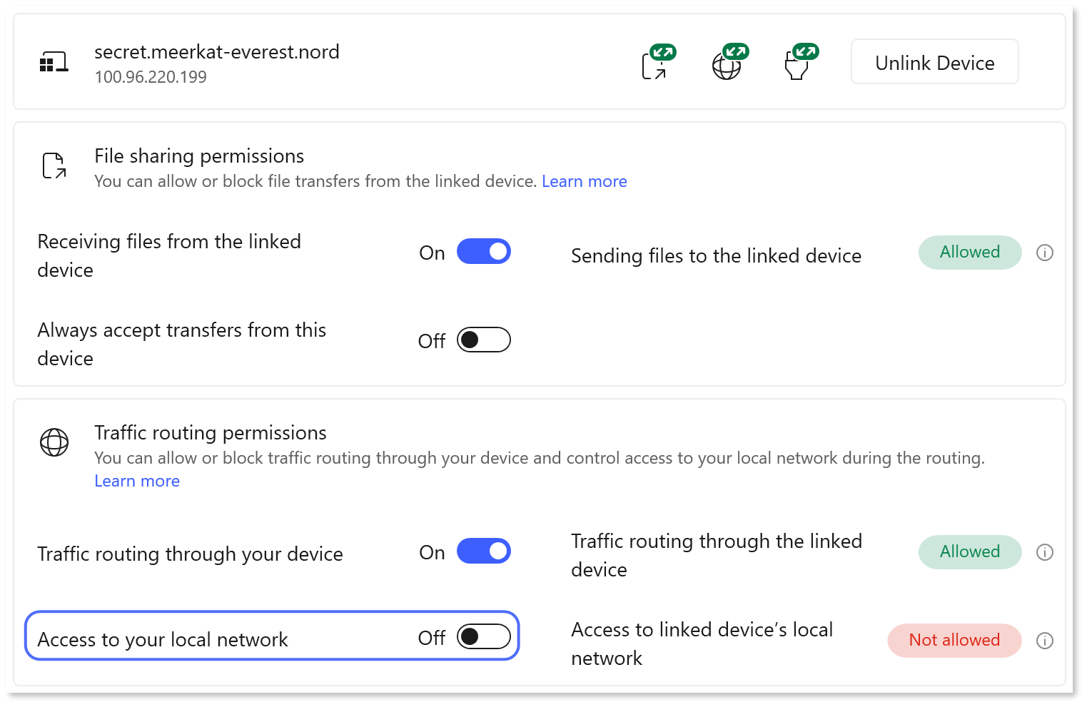 "Access to your local network" toggled turned off in Permissions menu