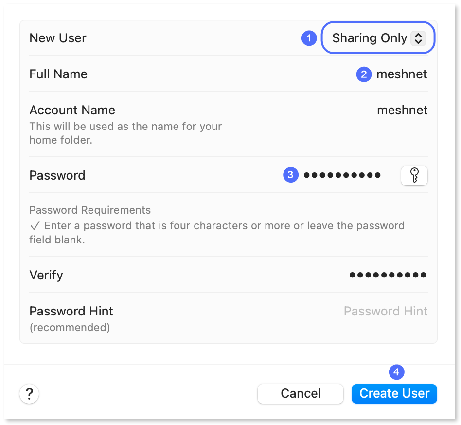 New user creation window with filled in details.