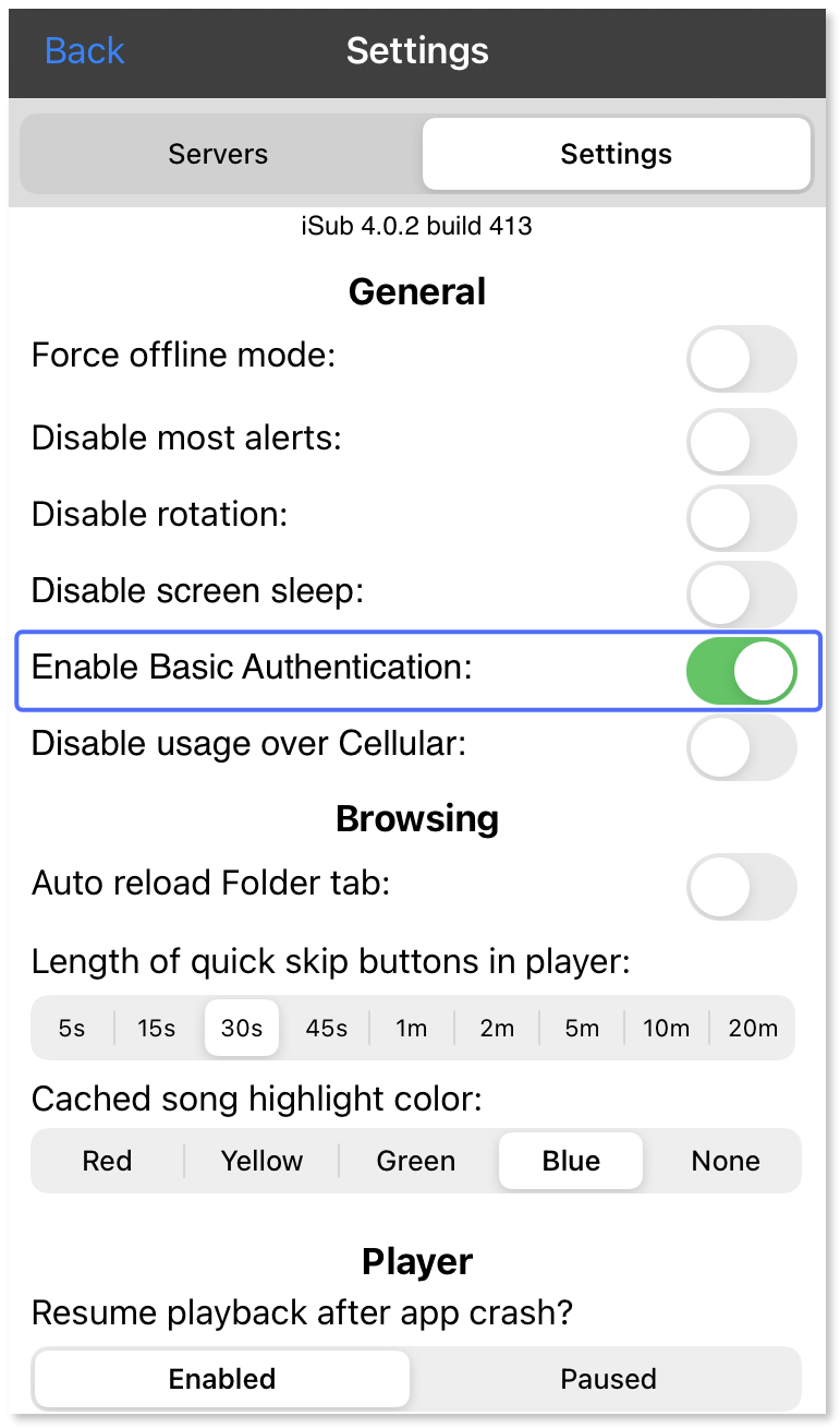Turning on the 'Enable basic authentication' toggle in the iSub settings.