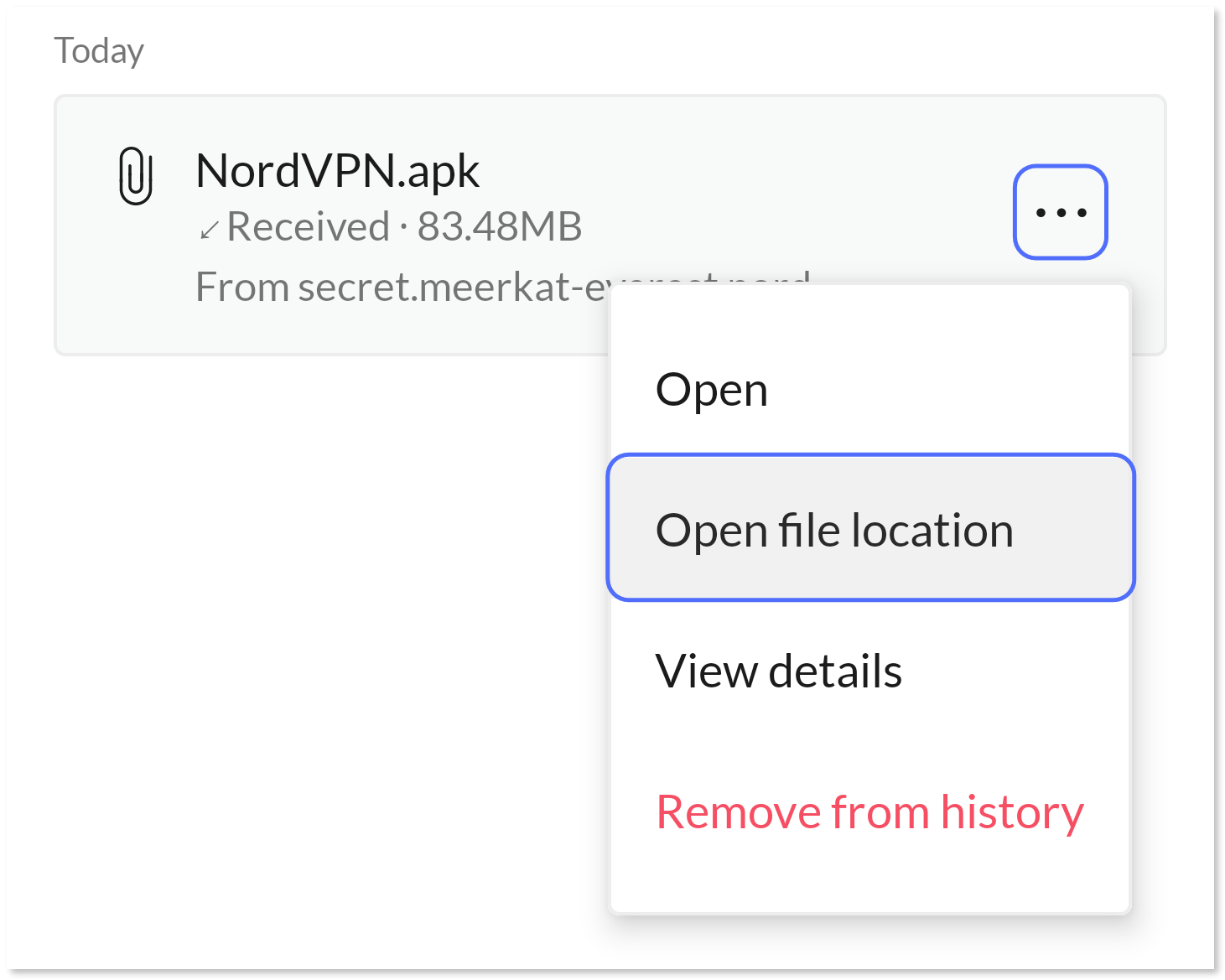 "Open file location" option from the three-dot menu highlighted.
