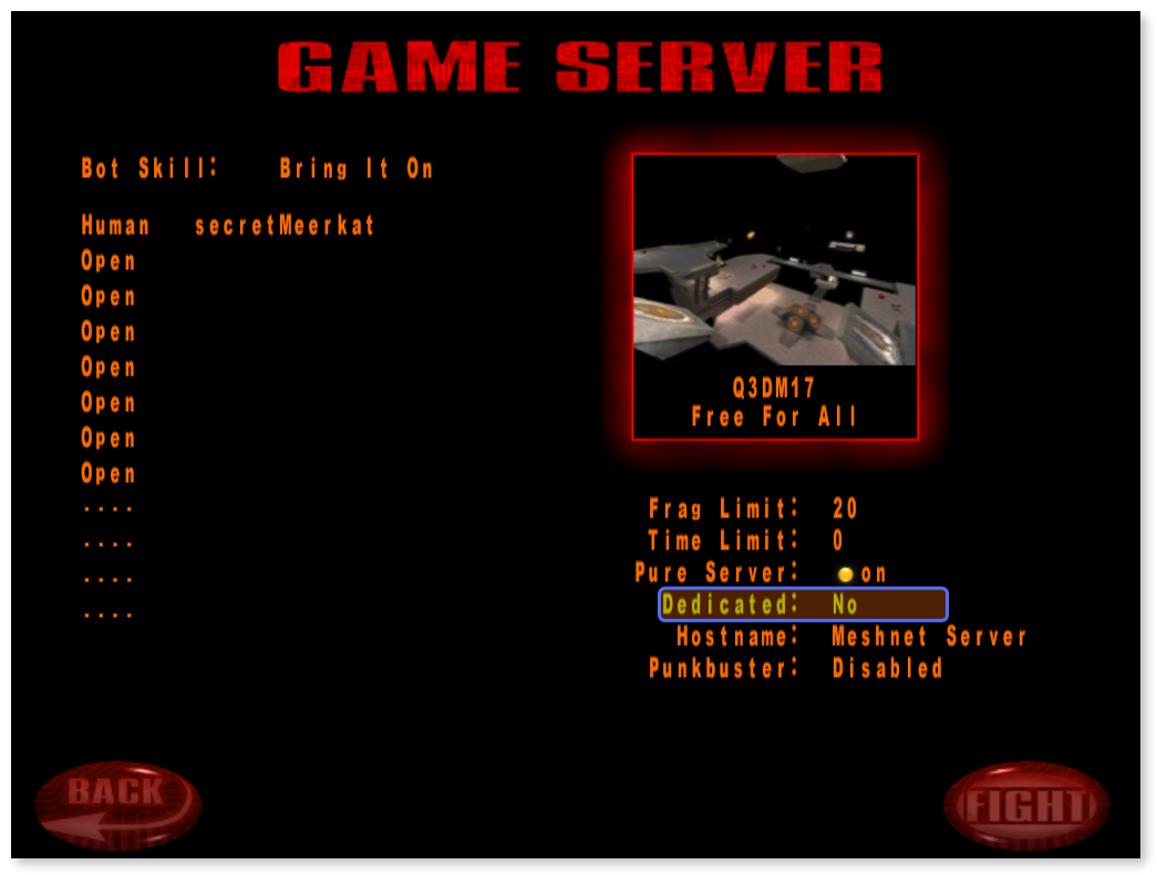 Quake 3 Arena server creation screen with the Dedicated option set to 'No'