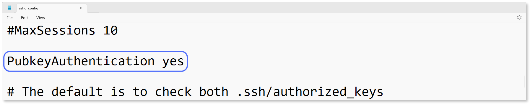 "PubkeyAuthentication yes" line highlighted in Notepad.