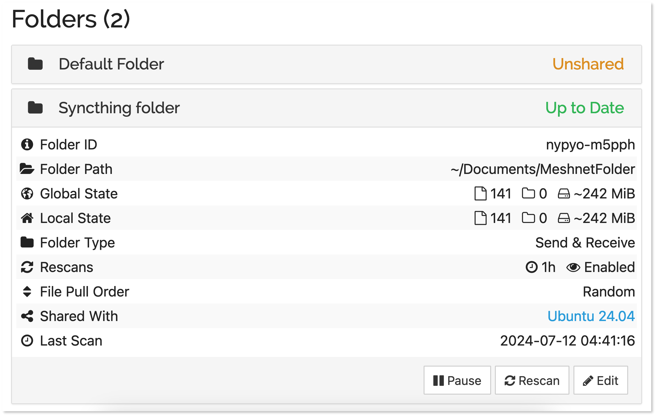 New shared folder visible on the Syncthing web interface.