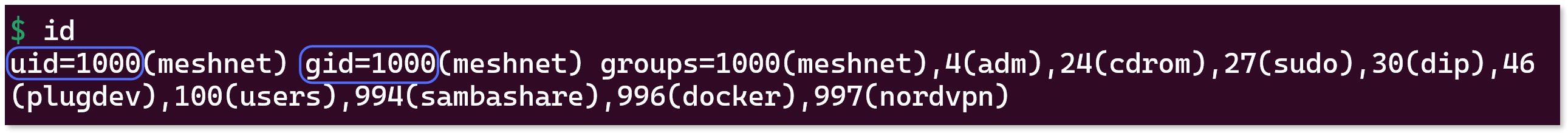 UID and GID values underlined in the terminal output.