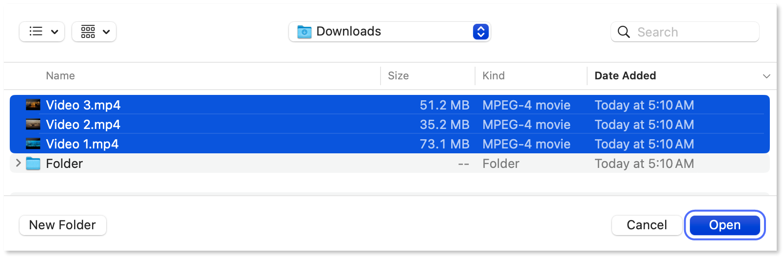 Three files selected in the dialog and the "Open" button highlighted.