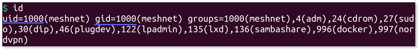 UID and GID values underlined in the terminal output.